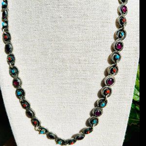 Taxco Silver Matl necklace, Sterling silver, Amethyst, Coral, Turquoise